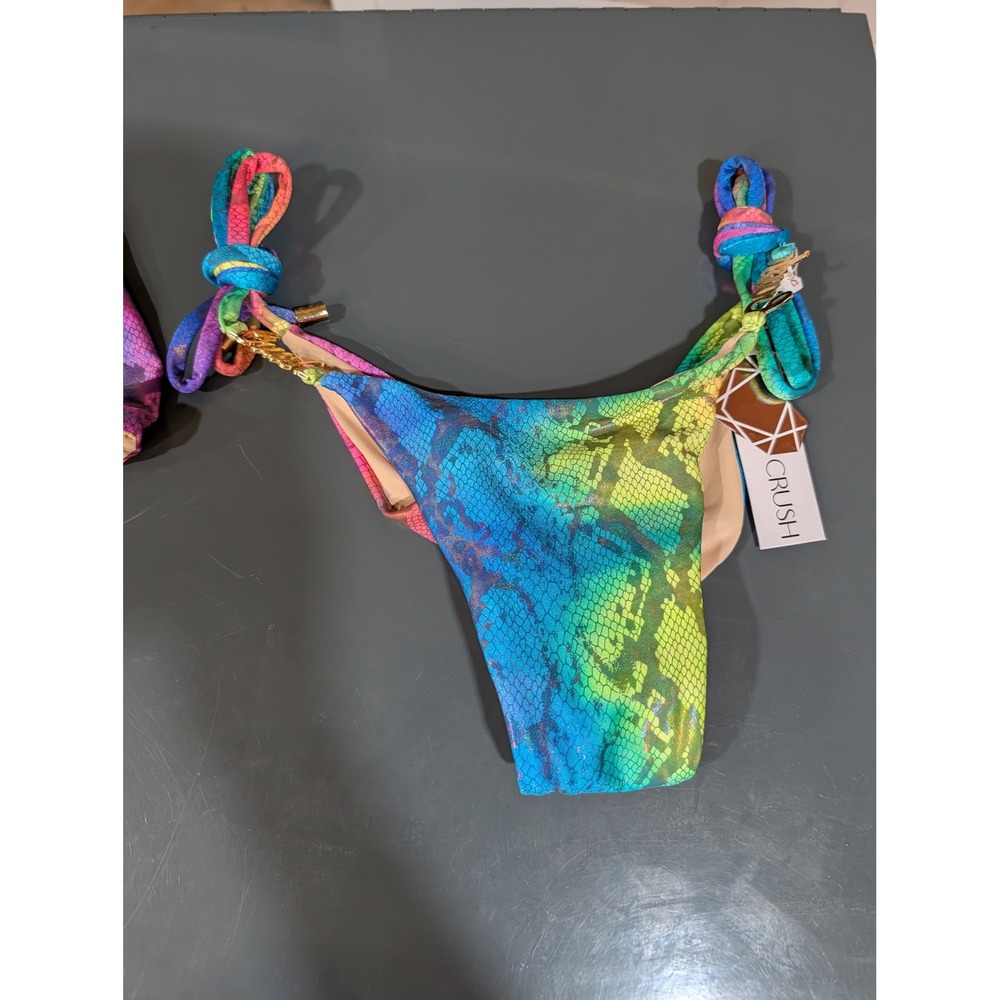 Bikini Crush Neon Rainbow Snake Metallic Bikini Set Brazilian Scrunch L/XL - Picture 10 of 16